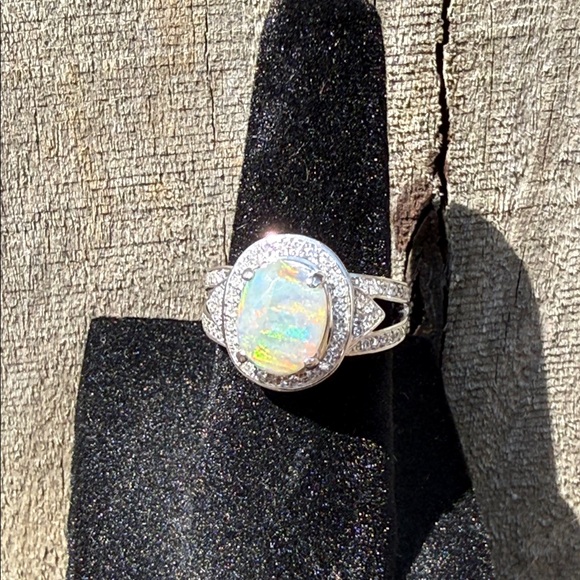 Jewelry - Natural Opal and Diamond Ring 14k White Gold